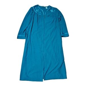 Women's Long Sleeve Full Zip Flowing Robe Nightgown Embroidered Neckline Sz  M